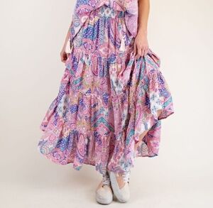 8-0329 Pink Peach Blossom Boho Paisley Maxi Tiered Skirt *BOUTIQUE*